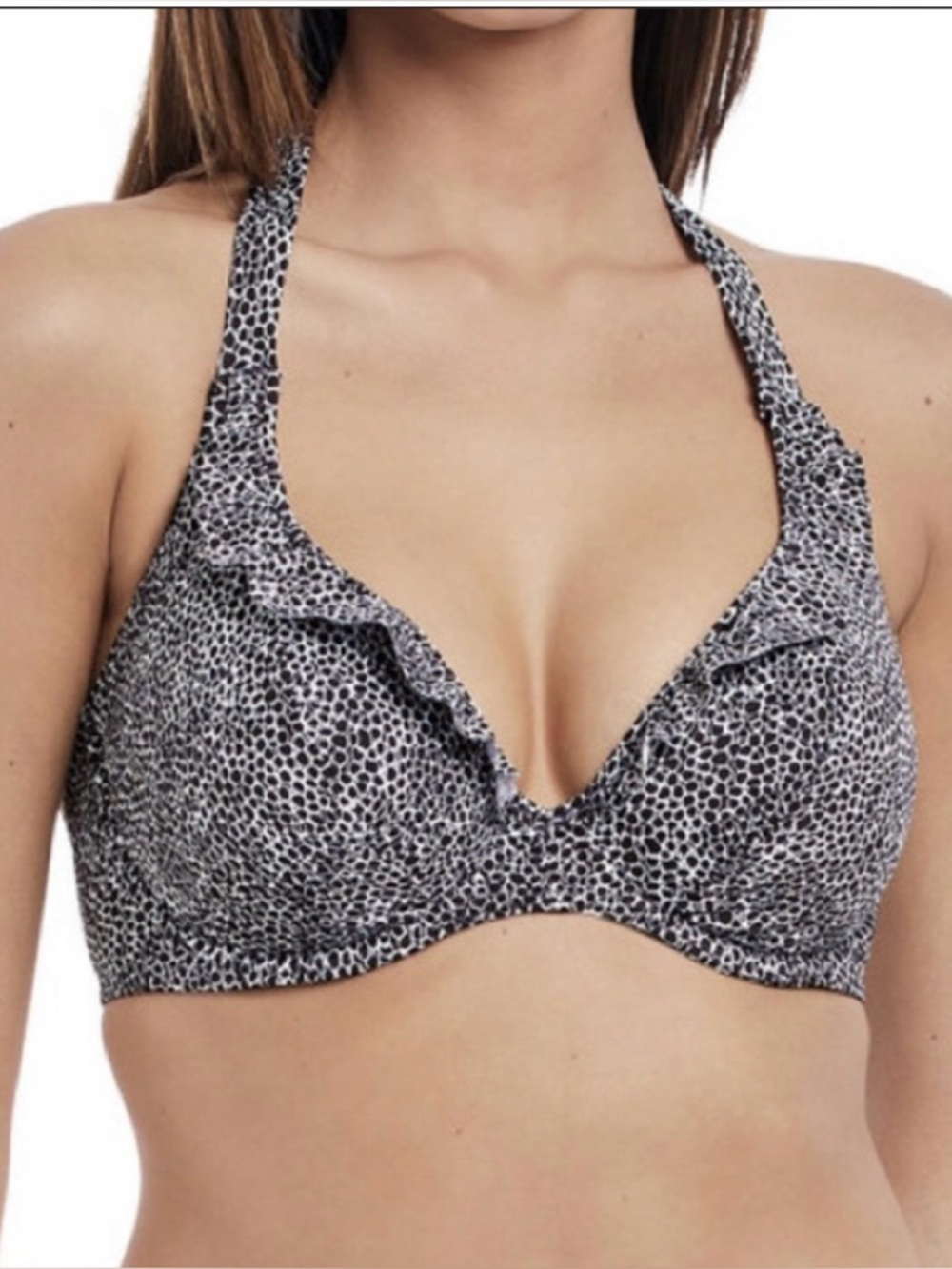 Freya Black and White Leopard-Print Halter Bikini Top 38G NWT RUN WILD